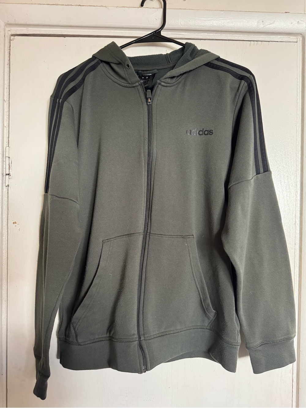 adidas Olive Green Full-Zip Hoodie with Black Stripes
